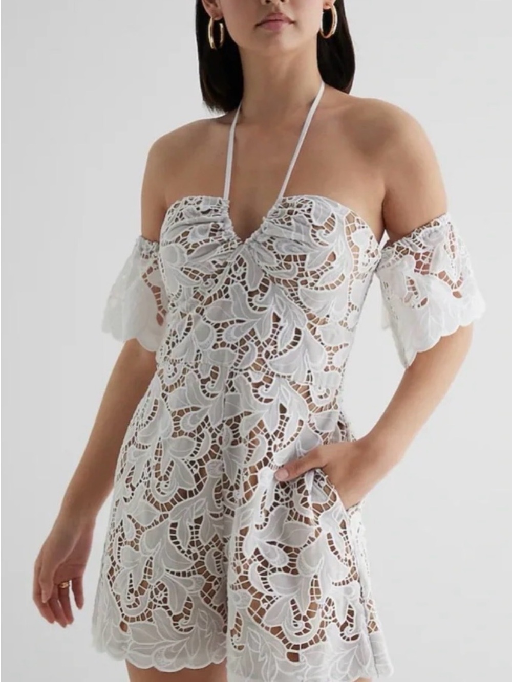 Express Cream Lace Off-Shoulder Romper size large